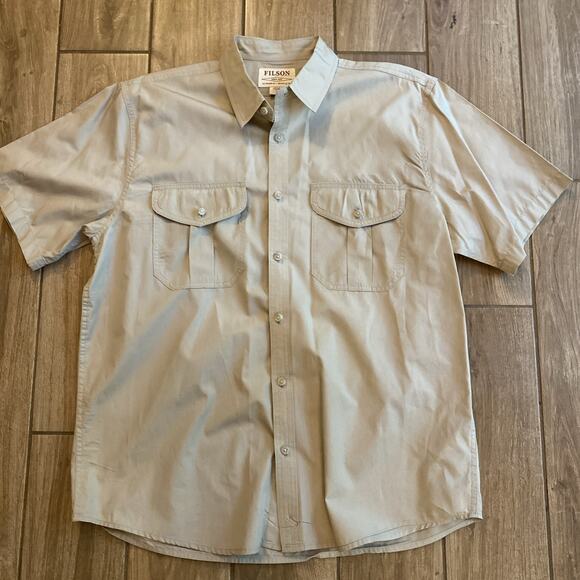Vintage CC Filson Garment Button Up Khaki Short Sleeve 100% Cotton Shirt Size L - Picture 1 of 5